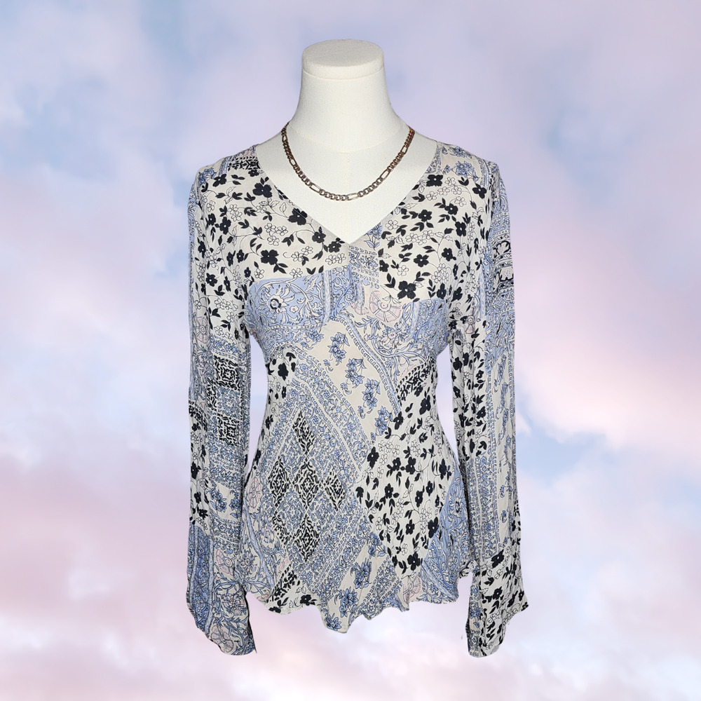 Vtg Hanna & Gracie Y2k Patchwork Floral Top Boho Cottagecore Bell Sleeve Sz 8